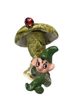 Vintage Ceramic Figurine Of Pixie Elf Reclining Under Mushroom Ladybug Accent
